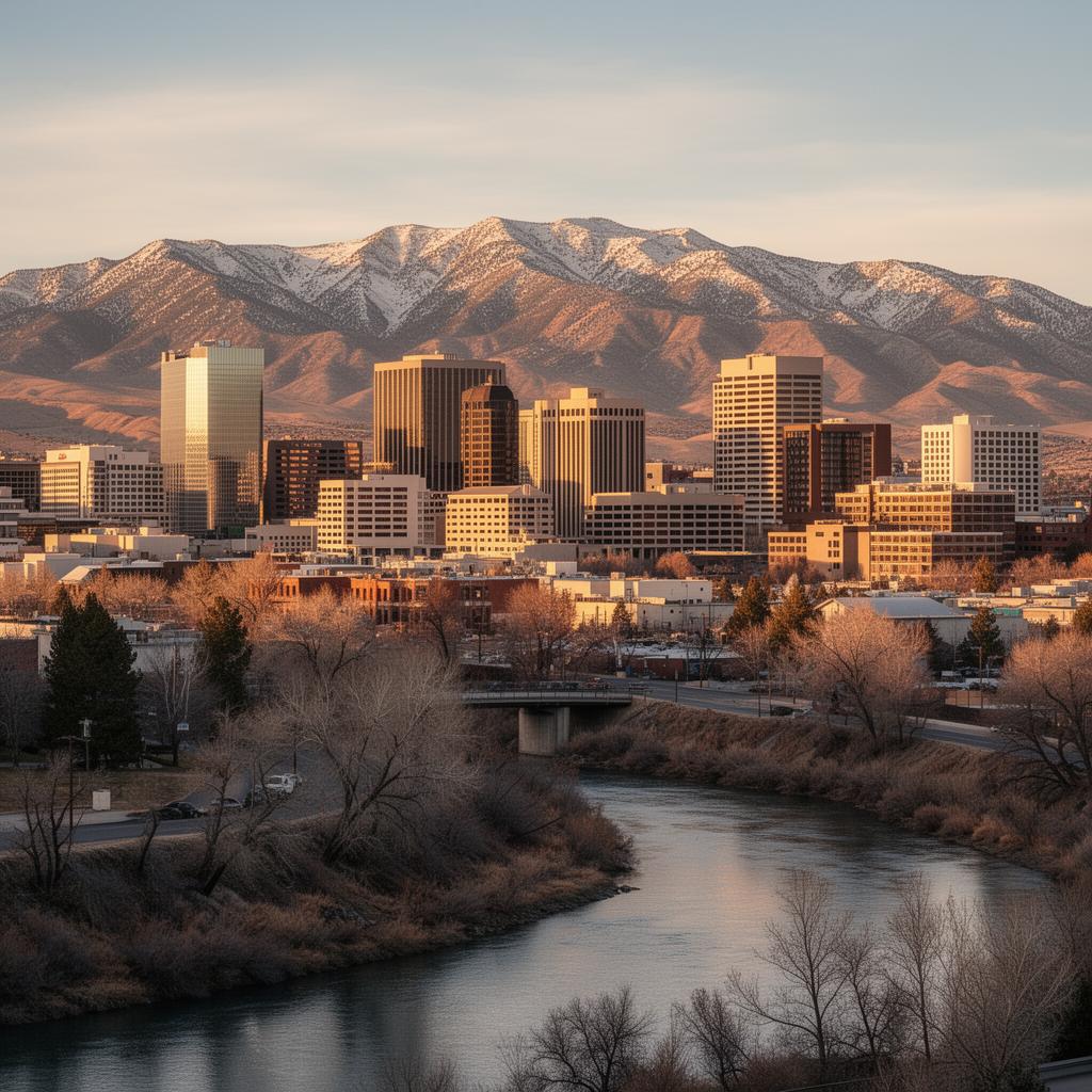 Downtown Reno skyline with the Truckee River and Sierra Nevada mountains at golden hour